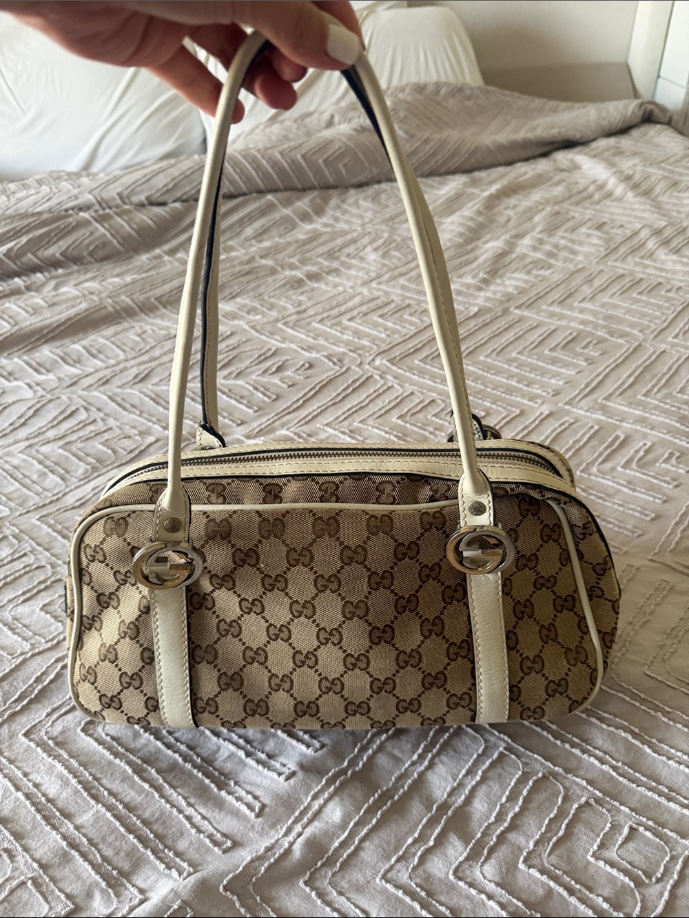 Gucci Beige GG Canvas Shoulder Bag with Cream Trim